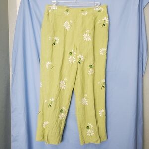 Talbots Irish Linen Lime Green Daisy Embroidered Woman's Cropped Pants Sz 12